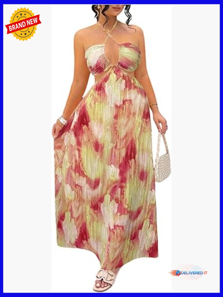 Tie Dye Halter Maxi Dress Sleeveless Backless Boho Beach Vacation